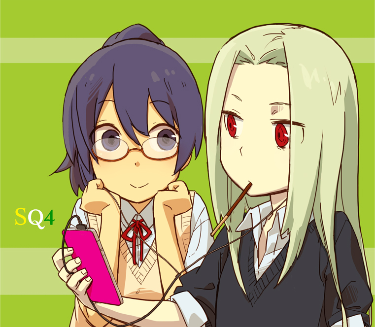 1boy, 1girl, atlus, bad_id, bad_pixiv_id, mp3_player, dress_shirt, etrian_odyssey