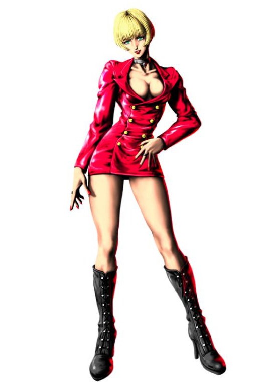 1girl, bare_legs, black_boots, blonde_hair, bloody_roar, bob_cut, boots, breasts, choker, cleavage, collar, contrapposto, dress, facing_viewer, female_focus, full_body, green_eyes, hand_on_own_hip, high_heel_boots, high_heels, hip_focus, jacket, jenny_burtory, jewelry, knee_boots, lace-up_boots, large_breasts, lipstick, makeup, medium_breasts, nail_polish, no_pants, official_art, red_dress, red_lips, ring, short_dress, short_hair, simple_background, solo, standing, tagme, white_background