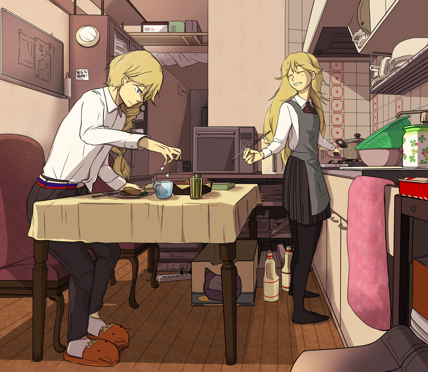 1boy, 1girl, apron, ascot, belt, black_pantyhose, blind_justice, blonde_hair