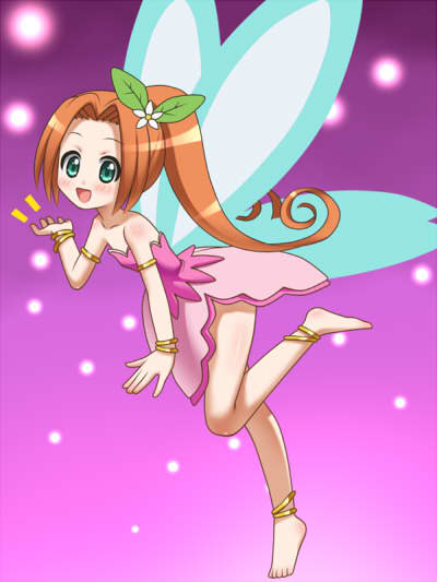 awa, barefoot, blush, fairy, feet, green_eyes, hime_chen!_otogi_chikku_idol_lilpri, lilpri, orange_hair, ruu_(hime_chen!), skirt, wings
