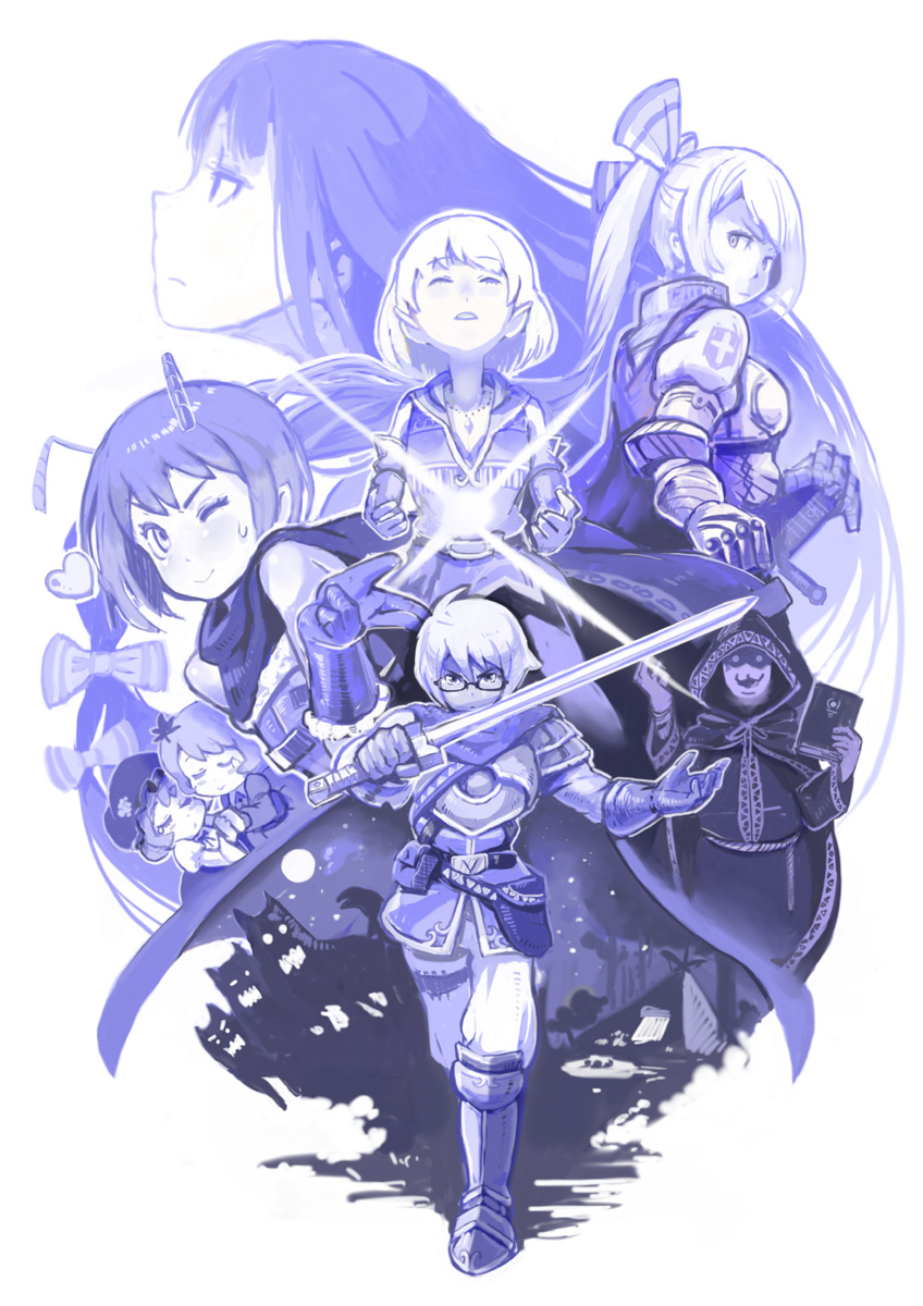 1boy, 6+girls, aki_minoriko, aki_shizuha, alternate_reality, armor, blue_theme, boots