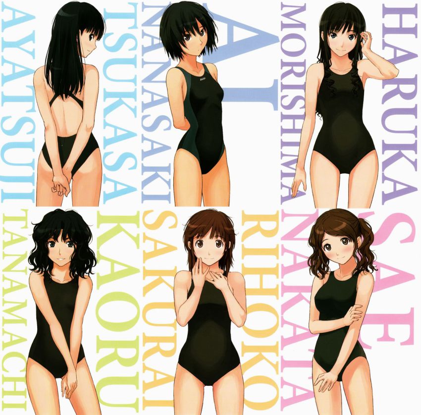 6+girls, amagami, ayatsuji_tsukasa, black_hair, black_one-piece_swimsuit, blush, brown_hair, character_name