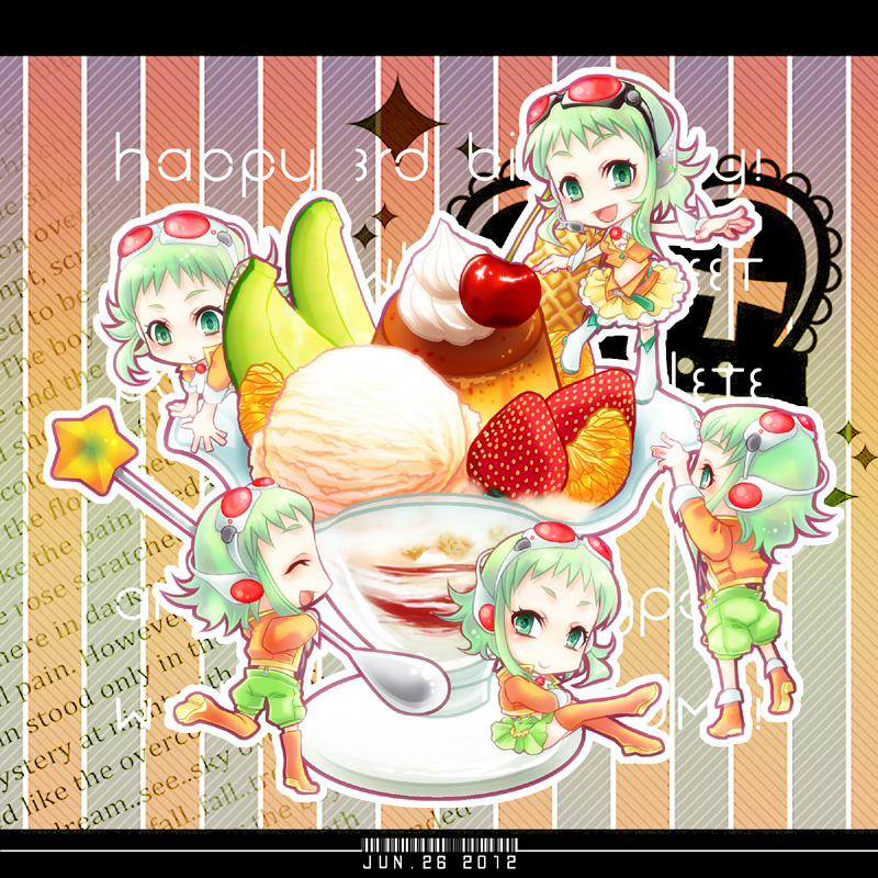 5girls, cake, chibi, dated, food, fruit, goggles, goggles_on_head