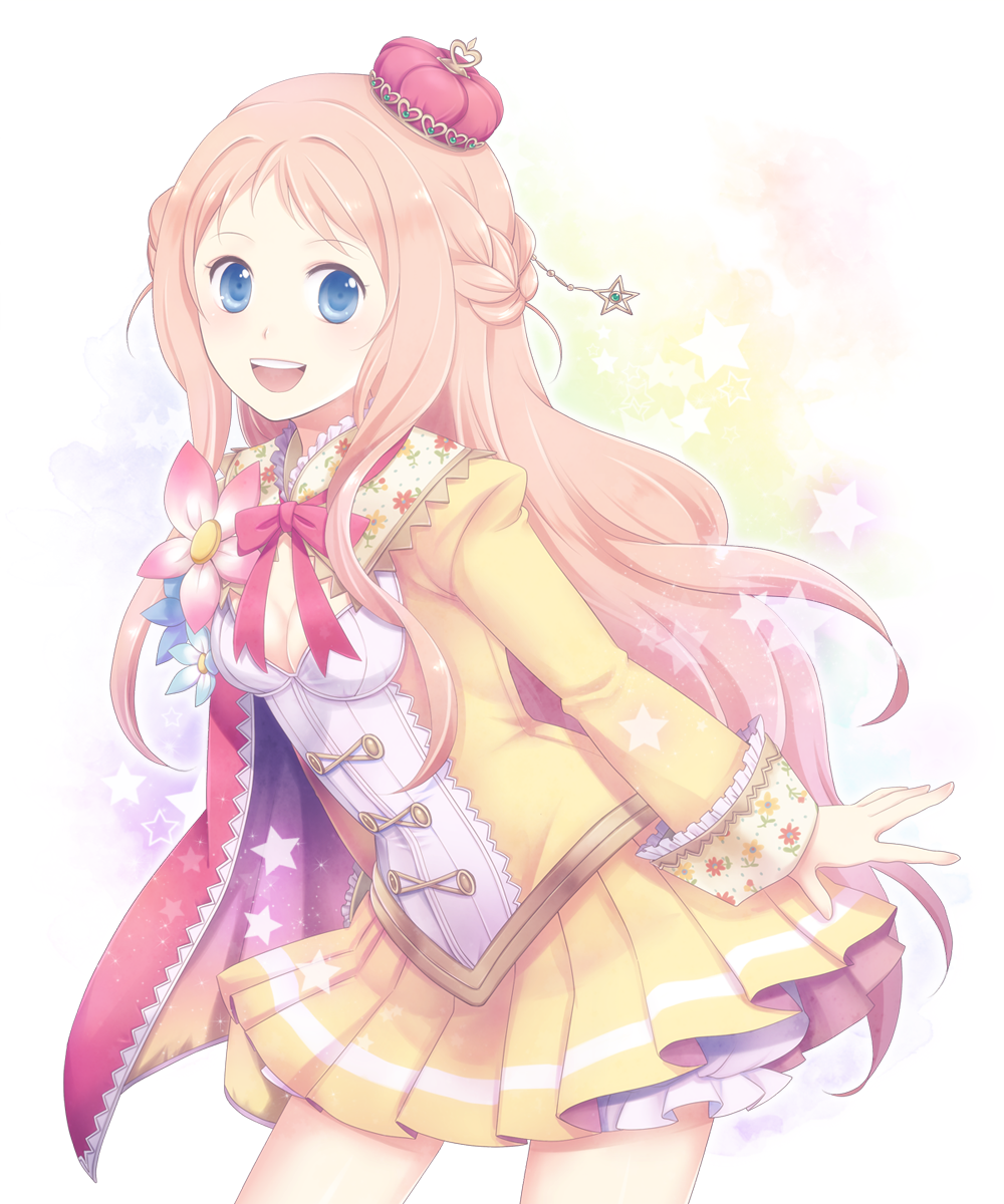 1girl, atelier_(series), atelier_meruru, blue_eyes, bow, cape, crown, female_focus, flower, half_updo, highres, long_hair, merurulince_rede_arls, pink_hair, red_bow, red_crown, ribbon, shio_(orange_lounge), smile, solo