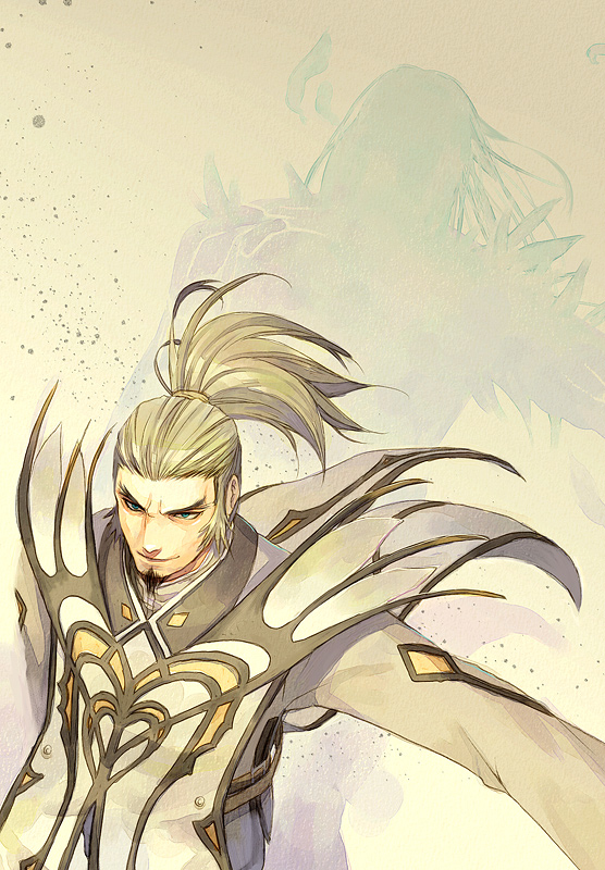 00s, 1boy, beard, belt, blue_eyes, brown_hair, facial_hair, feathers