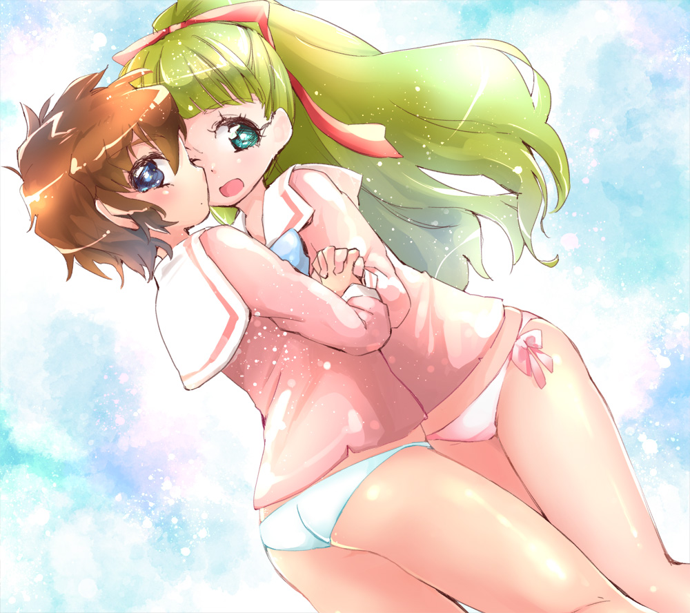 2girls, bad_id, bad_pixiv_id, blonde_hair, blue_eyes, blue_panties, bottomless, brown_hair