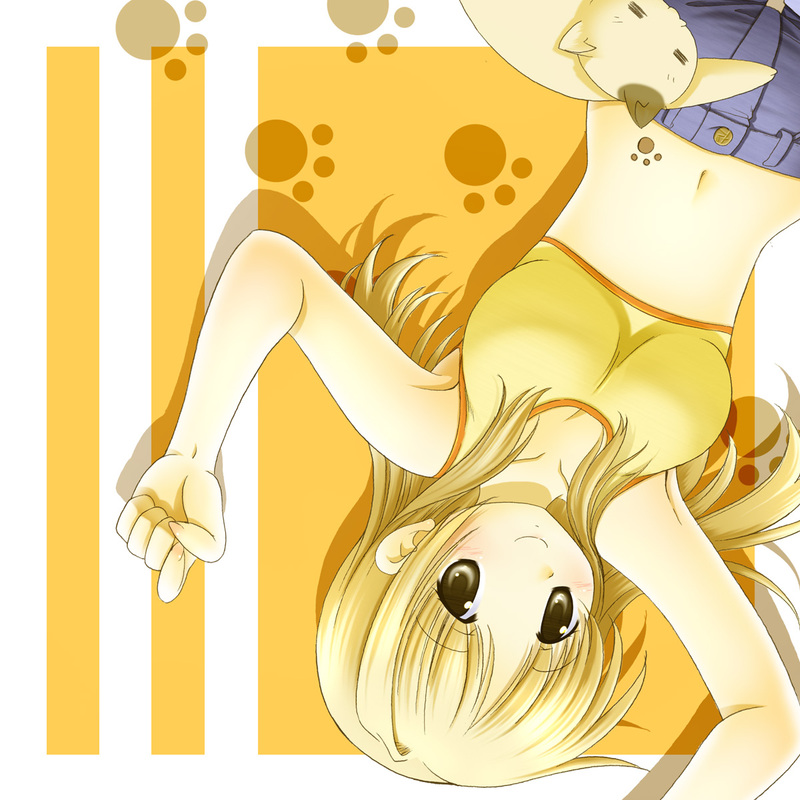 armpits, blonde_hair, breasts, cat, denim, hidamari_sketch, long_hair, miyako_(hidamari_sketch), nashigami_tsubute, navel, paw_print, smile, solo, sports_bra, upside-down
