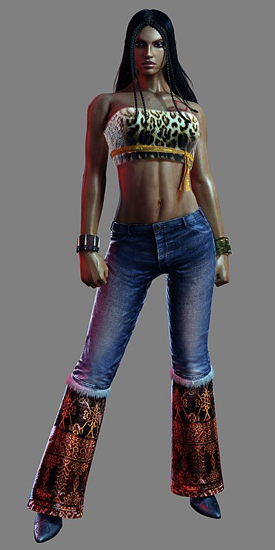1girl, 3d, beat_down_fists_of_vengeance, capcom, dark-skinned_female, dark_skin, female_focus, full_body, lola_(beat_down), midriff, official_art, simple_background, solo