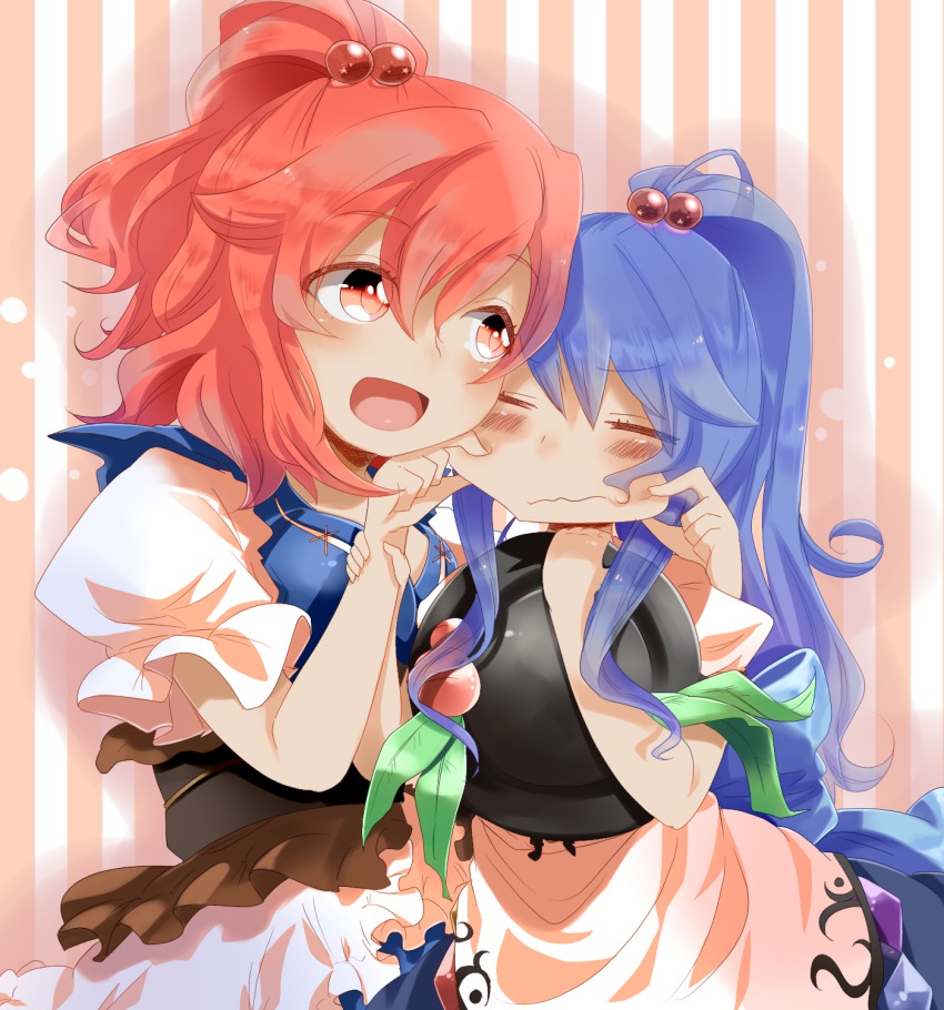 2girls, alternate_hairstyle, blue_hair, bunsuke, closed_eyes, female_focus, food, frills