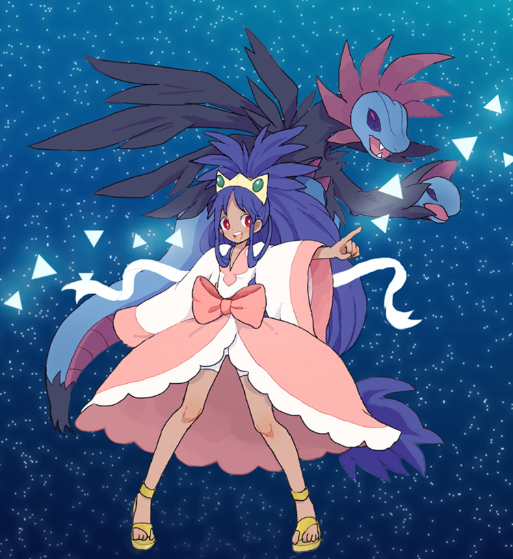 10s, 1girl, :d, big_hair, bow, crown, dark-skinned_female, dark_skin, dragon, dress, fangs, gen_5_pokemon, hagoromo, hydreigon, iris_(pokemon), long_hair, multiple_heads, nintendo, open_mouth, pointing, pokemon, pokemon_(creature), pokemon_black_2_and_white_2, purple_hair, red_eyes, shawl, smile, tmrn, very_long_hair, waist_bow