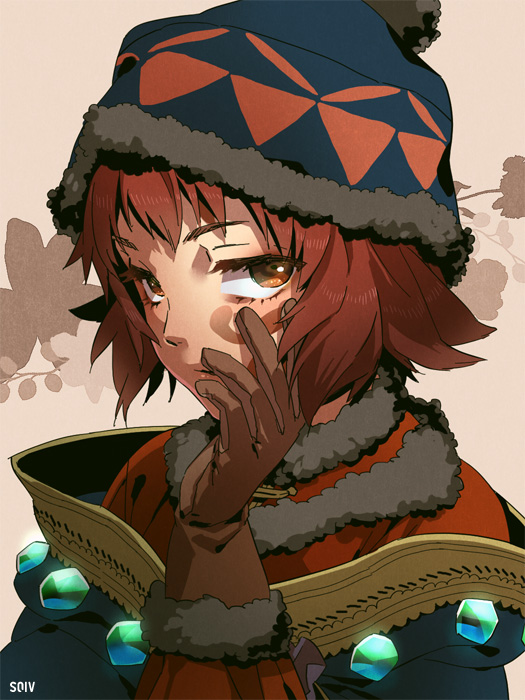 1girl, atlus, brown_eyes, brown_hair, etrian_odyssey, female_focus, fur-trimmed_headwear, fur_collar