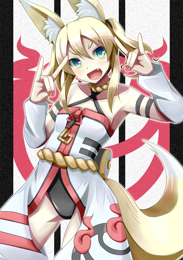 1girl, akiyasu, animal_ears, blonde_hair, detached_sleeves, double_fox_shadow_puppet, fang, female_focus, fox_ears, fox_shadow_puppet, fox_tail, green_eyes, kitsunezuka_kyuu, open_mouth, original, solo, tail, twintails