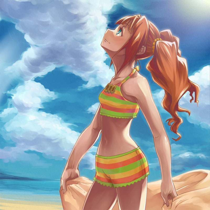 1girl, bikini, blue_eyes, blush, brown_hair, cloud, day, female_focus