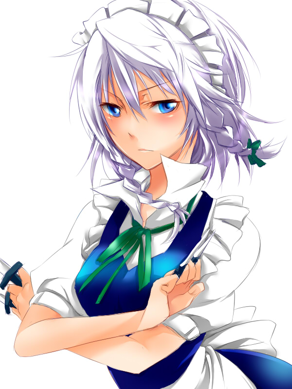 1girl, blue_eyes, female_focus, izayoi_sakuya, knife, maid_headdress, r_waizumi, serious