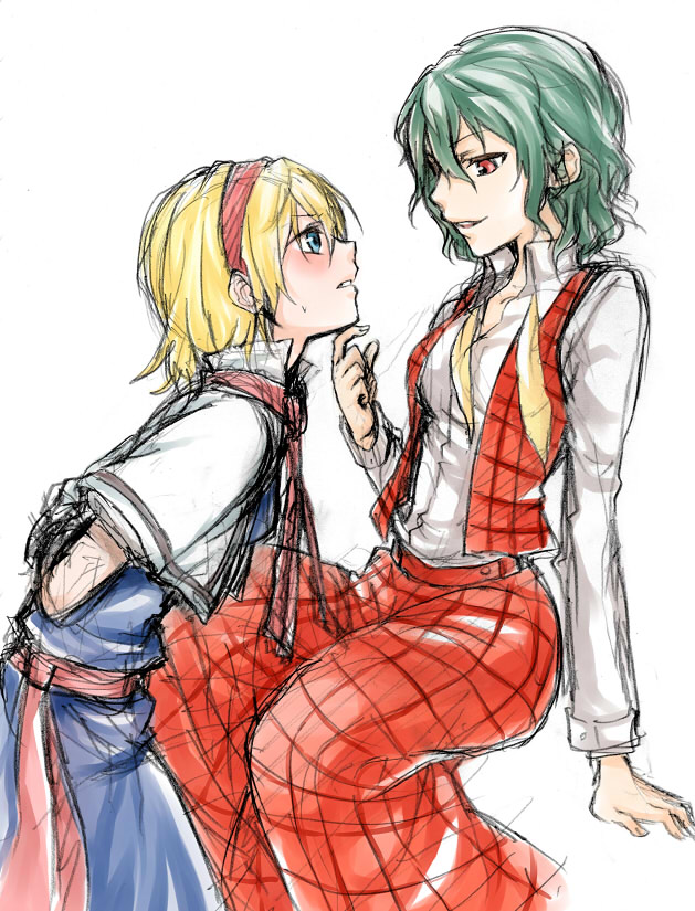 2girls, alice_margatroid, arm_support, arms_behind_back, bdsm, blonde_hair, blue_dress, blush, bondage, bound, capelet, collared_shirt, dress, eye_contact, female_focus, femdom, grabbing_another's_chin, green_hair, hair_between_eyes, hairband, hand_on_another's_chin, kazami_yuuka, kneeling, leaning, leaning_forward, long_skirt, long_sleeves, looking_at_another, multiple_girls, naughty_face, open_clothes, open_mouth, parted_lips, plaid_clothes, plaid_skirt, plaid_vest, r_waizumi, red_hairband, red_skirt, red_vest, round_teeth, shirt, short_hair, simple_background, sitting, skirt, skirt_set, smile, sweatdrop, teeth, touhou, unbuttoned, vest, wa_(r_waizumi), white_background, white_capelet, white_shirt, yuri