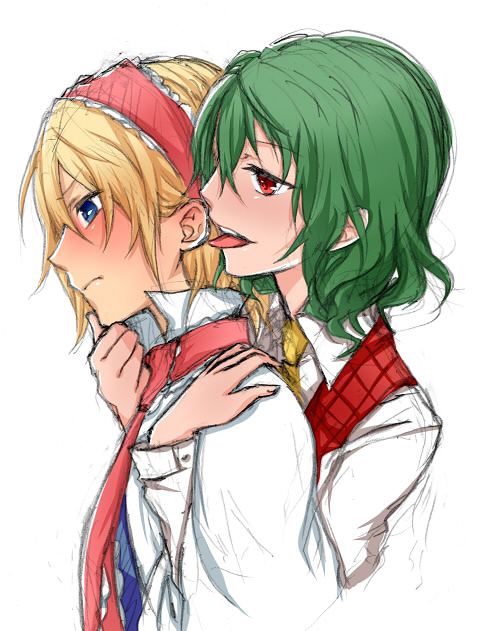 2girls, alice_margatroid, blonde_hair, blush, ear_licking, female_focus, grabbing_another's_chin, green_hair, hairband, hand_on_another's_chin, holding, kazami_yuuka, licking, multiple_girls, necktie, profile, r_waizumi, short_hair, tongue, tongue_out, touhou, wa_(r_waizumi), white_background, yuri