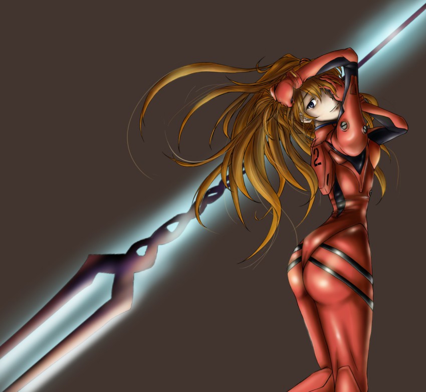 1girl, ass, azu_(warehouse86), bident, bracer, brown_hair, curvy, female_focus, from_side, grey_background, hair_between_eyes, hand_on_own_head, head_tilt, huge_ass, kneepits, lance_of_longinus_(evangelion), legs_together, long_hair, looking_at_viewer, looking_back, mecha_pilot_suit, narrow_waist, neon_genesis_evangelion, one_eye_covered, parted_bangs, plugsuit_(evangelion), polearm, simple_background, skin_tight, solo, souryuu_asuka_langley, standing, very_long_hair, weapon, wide_hips