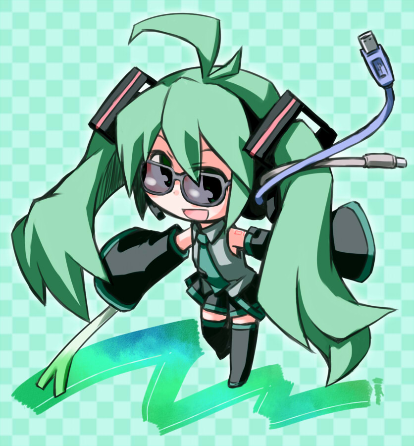 1girl, checkered_background, detached_sleeves, female_focus, green_hair, hatsune_miku, kimi_ni_mune_kyun, kugelschreiber
