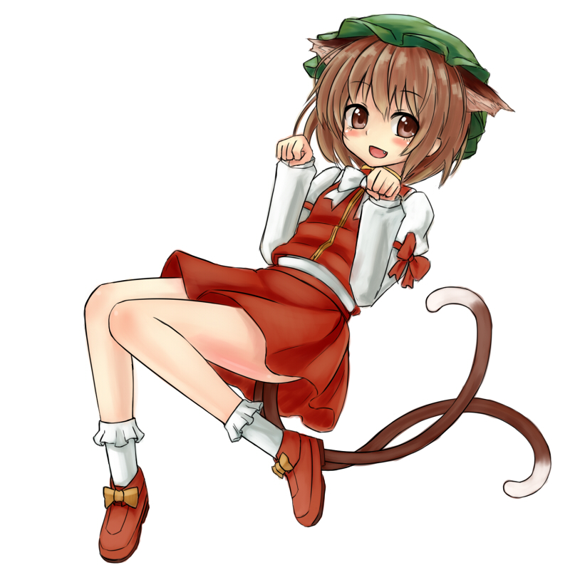 1girl, animal_ears, armband, arms_up, bobby_socks, bow, brown_eyes, brown_hair