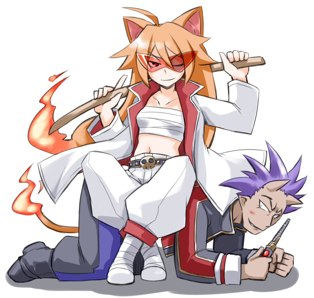 1boy, 1girl, all_fours, animal_ears, blush, cat_ears, cat_tail, fire