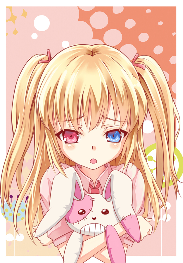 10s, 1girl, :o, blonde_hair, blush, boku_wa_tomodachi_ga_sukunai, child, female_focus, hasegawa_kobato, heterochromia, hug, long_hair, necktie, shirt, solo, stuffed_animal, stuffed_rabbit, stuffed_toy, tristana-shen, twintails, two_side_up