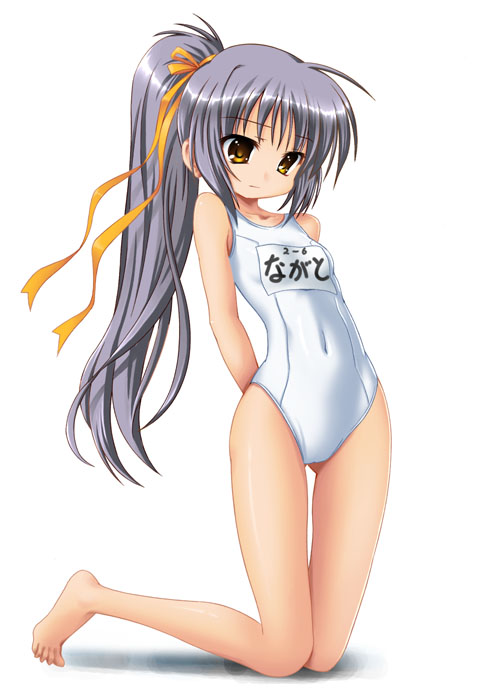 1girl, 920-k, barefoot, blush, brown_eyes, female_focus, flat_chest, full_body, hair_ribbon, long_hair, nagato_yuki, name_tag, one-piece_swimsuit, ponytail, ribbon, school_swimsuit, silver_hair, simple_background, solo, suzumiya_haruhi_no_yuuutsu, swimsuit, white_background