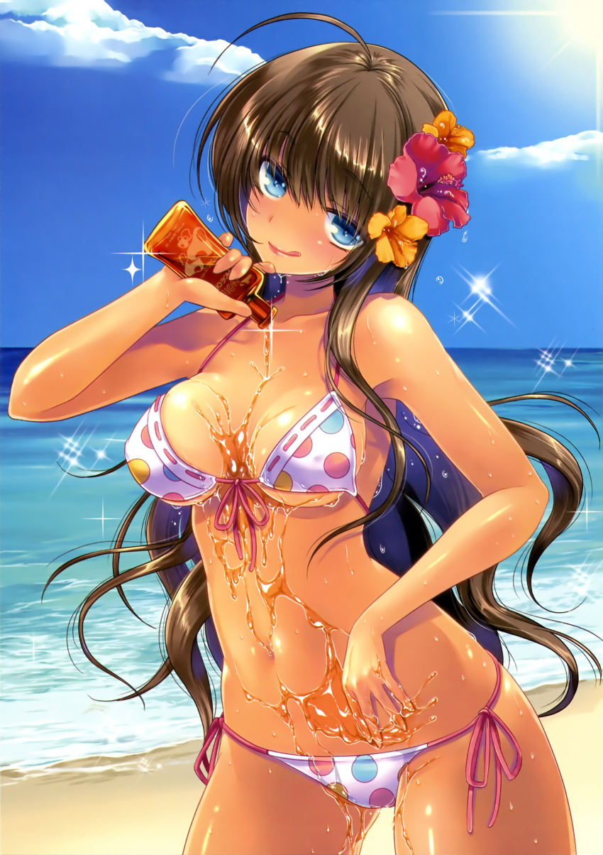 108_gou, 1girl, :q, absurdres, ahoge, bare_shoulders, beach, bikini, blue_eyes, blue_sky, breasts, brown_hair, cleavage, cloud, day, female_focus, flower, front-tie_top, hair_flower, hair_ornament, hibiscus, highres, lips, long_hair, lotion, medium_breasts, naughty_face, navel, original, outdoors, polka_dot, polka_dot_bikini, polka_dot_swimsuit, scan, shiny_skin, side-tie_bikini_bottom, sky, solo, sparkle, sunscreen, swimsuit, tan, tongue, tongue_out, water