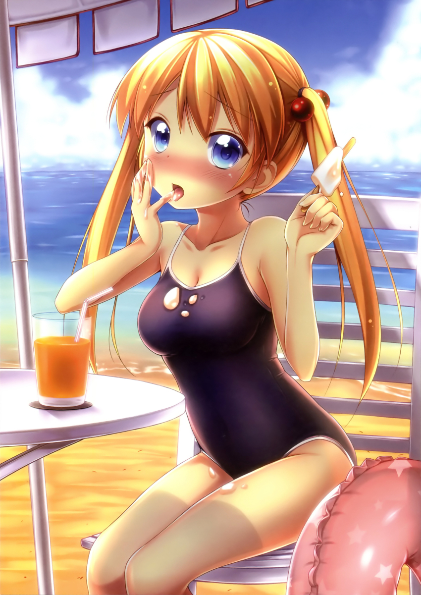 1girl, absurdres, bare_shoulders, beach, blue_eyes, blush, breasts, chair