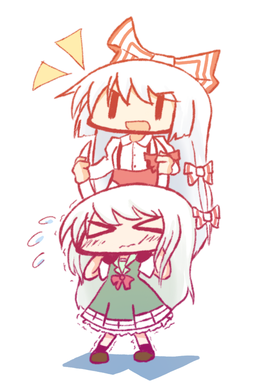 >_<, 2girls, :d, aoki_ume_(style), bleeugee, blush, bow, closed_eyes