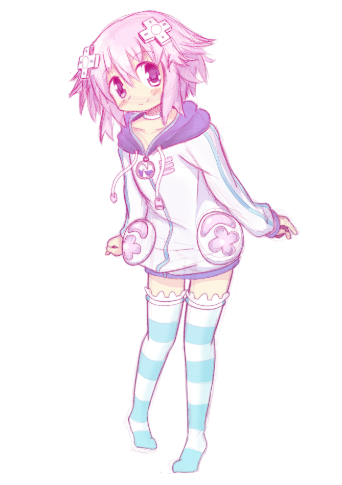 10s, 1girl, aoki_ume_(style), bleeugee, blush, collarbone, d-pad, female_focus, hair_ornament, hood, hoodie, jewelry, necklace, neptune_(neptunia), neptune_(series), nippon_ichi, no_pants, pink_hair, purple_eyes, purple_hair, sega, short_hair, simple_background, smile, solo, thighhighs, white_background, yogurtm