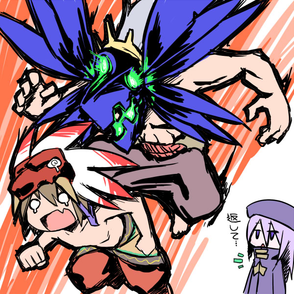 1girl, 2boys, atlus, beast_king_(sekaiju), beast_king_3_(sekaiju), brown_hair, etrian_odyssey, glowing