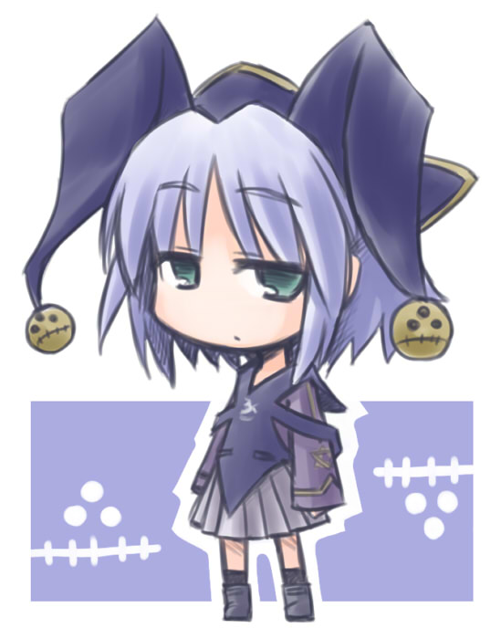 1girl, alice_soft, blue_hair, chibi, dai_(series), daiakuji, female_focus, green_eyes, hat, henri_pelori, kugelschreiber, looking_at_viewer, solo