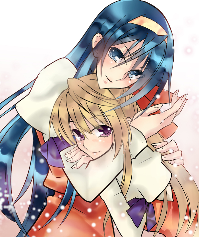 00s, 2girls, bad_id, bad_pixiv_id, blonde_hair, blue_eyes, blue_hair, bow
