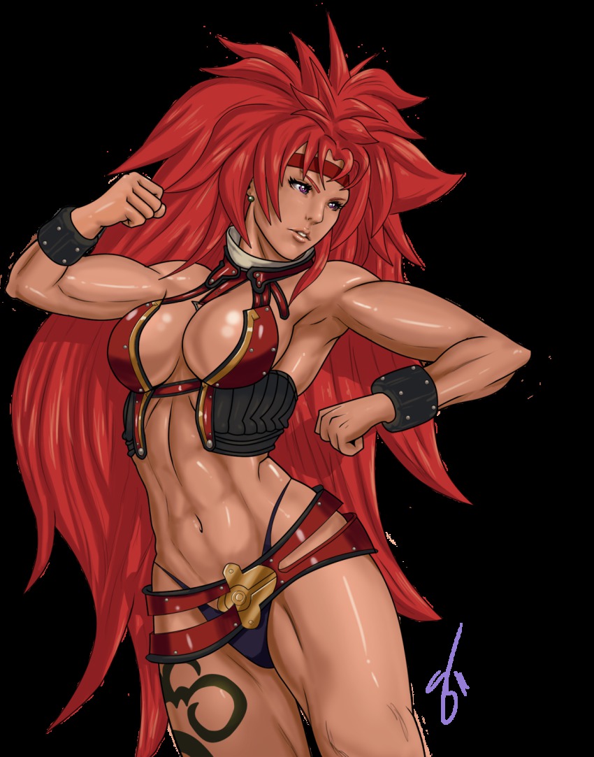 1girl, amazon_warrior, black_panties, breasts, cleavage, dark-skinned_female, dark_skin, digitally-devious, earrings, female_focus, headband, highres, jewelry, large_breasts, long_hair, muscular, navel, panties, purple_eyes, queen's_blade, red_hair, revealing_armor, risty_(queen's_blade), solo, su0grey, tattoo, thong, toned, underwear, very_long_hair