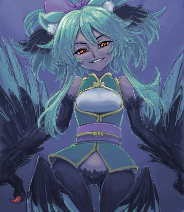 aitatata!, animal_ears, bare_shoulders, bow, chinese_clothes, drawr, from_below, green_hair