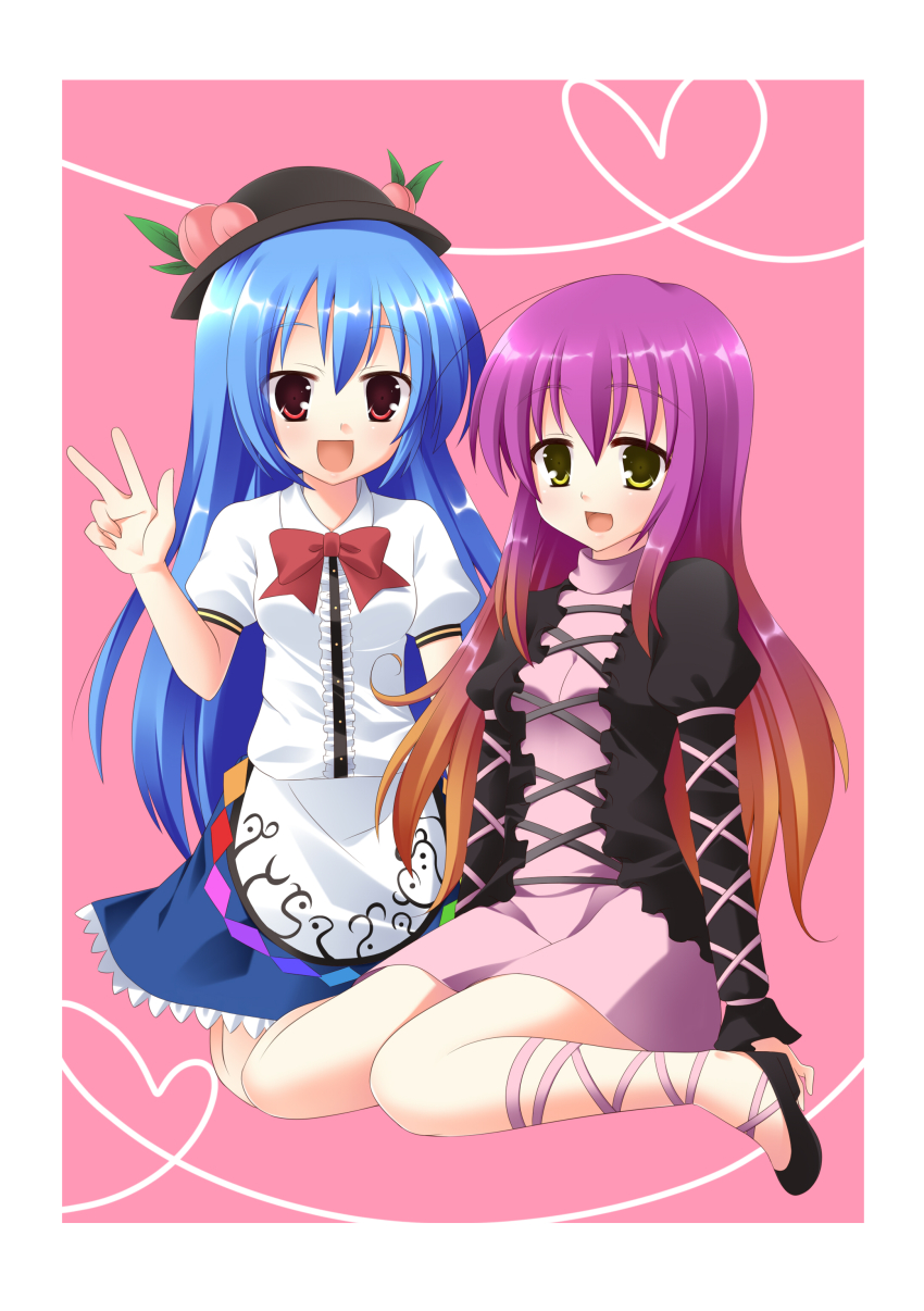 2girls, absurdres, blue_hair, blush, bow, female_focus, food, frills