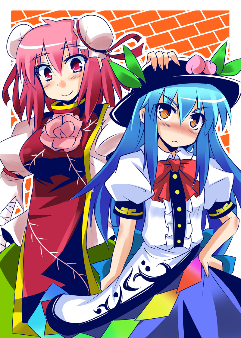 2girls, bandages, blue_hair, blush, bow, china_dress, chinese_clothes, double_bun, dress, female_focus, flower, food, fruit, hat, hinanawi_tenshi, ibaraki_kasen, leaf, long_hair, multiple_girls, peach, headpat, pink_eyes, pink_hair, rose, short_hair, short_sleeves, smile, tokiniwa, touhou, yellow_eyes