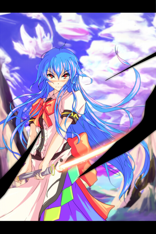 1girl, blue_hair, bow, cloud, day, female_focus, frills, hinanawi_tenshi, letterboxed, long_hair, long_skirt, mountain, ninel_(idkaruna), red_eyes, short_sleeves, skirt, sky, solo, sword, sword_of_hisou, tears, touhou, very_long_hair, weapon