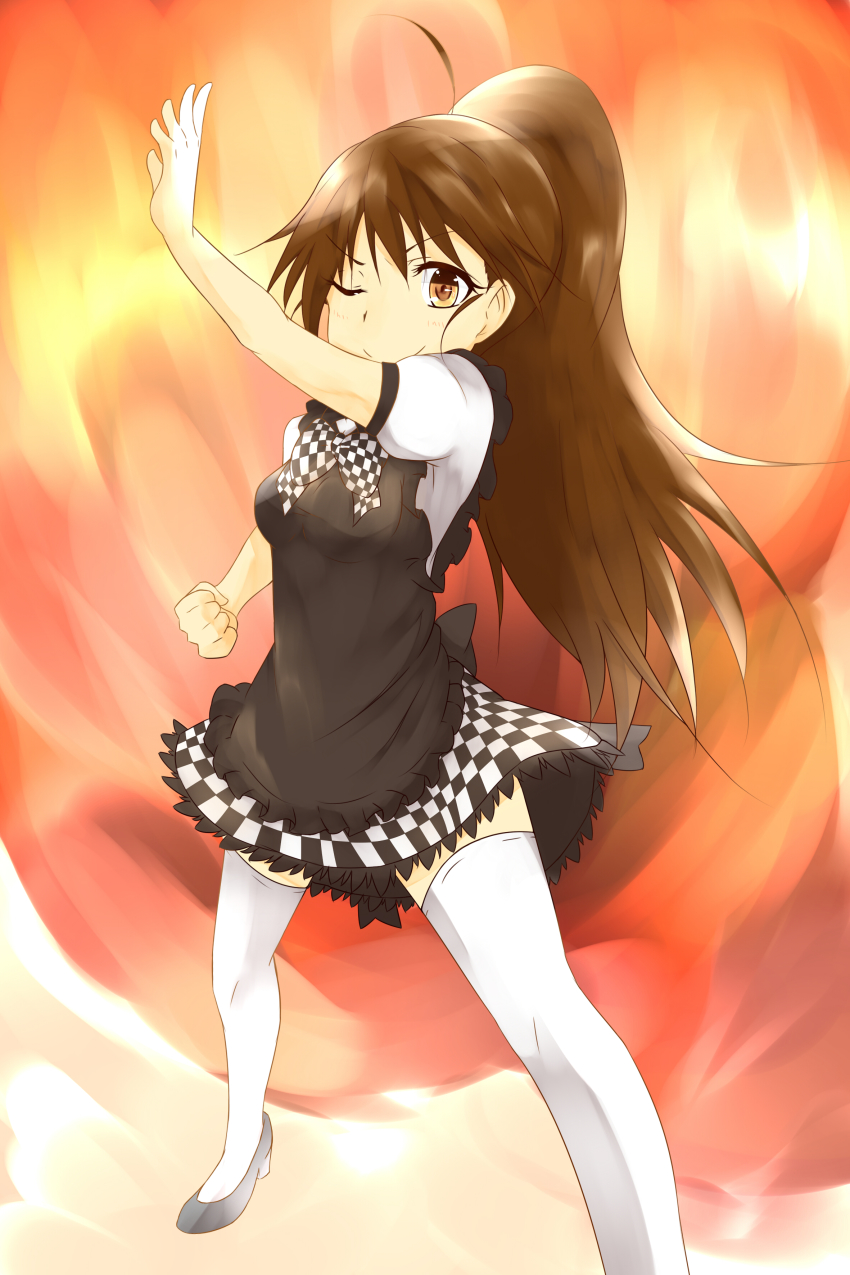 1girl, absurdres, asumi_kana, brown_eyes, brown_hair, checkered_clothes, checkered_skirt, cosplay, haiyore!_nyaruko-san, highres, honest_(honenano), kamen_rider, long_hair, nyarlathotep_(nyaruko-san), nyarlathotep_(nyaruko-san)_(cosplay), ponytail, skirt, taneshima_popura, voice_actor_connection, working!!