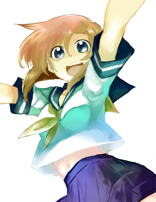 1girl, blue_eyes, breasts, brown_hair, female_focus, higurashi_no_naku_koro_ni, midriff, navel