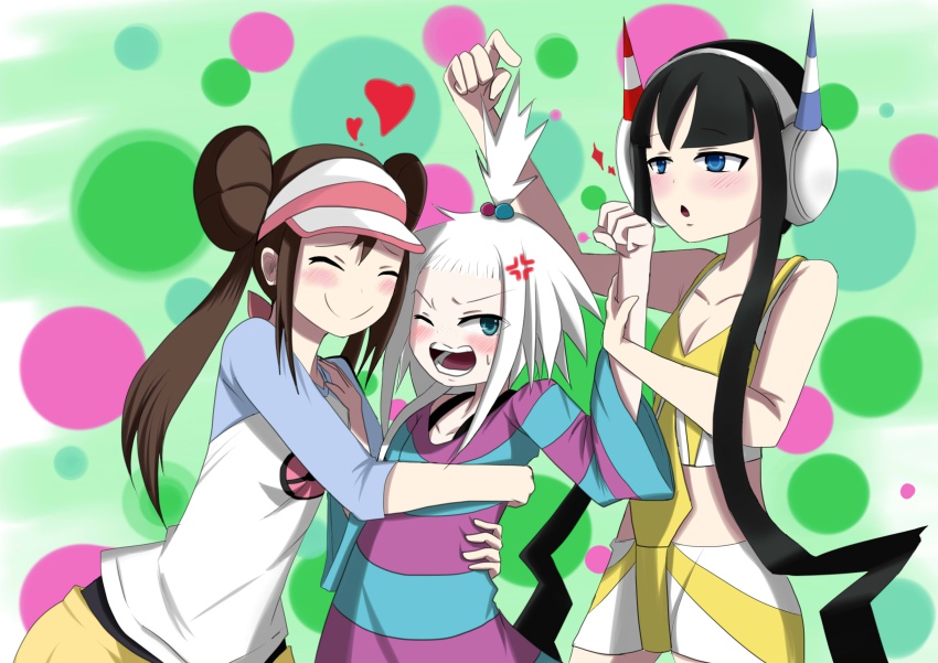 10s, 3girls, anger_vein, black_hair, blush, elesa_(pokemon), gym_leader, highres, just_another_kunkun, multiple_girls, nintendo, pokemon, pokemon_black_2_and_white_2, rosa_(pokemon), roxie_(pokemon), white_hair