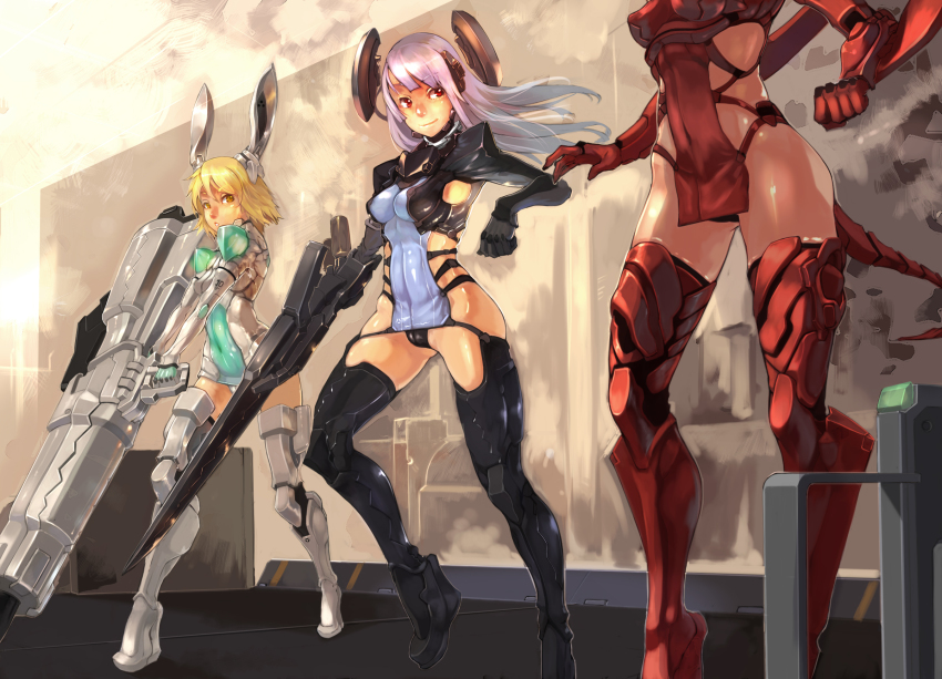 3girls, bigegg, blonde_hair, bodysuit, boots, breasts, cleavage, head_out_of_frame