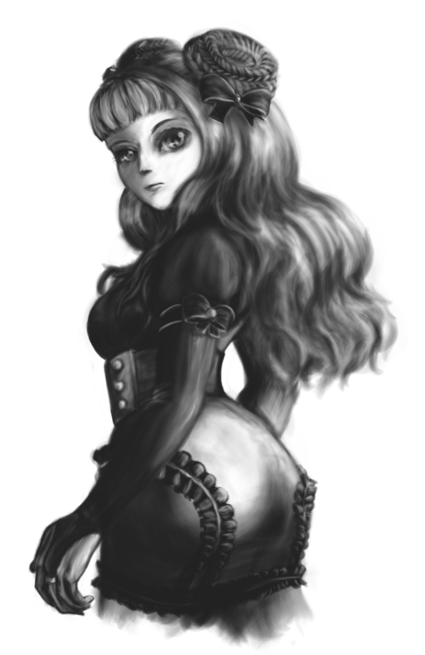 1girl, absurdres, alchemybro, ass, braid, bridal_gauntlets, double_bun, drawfag