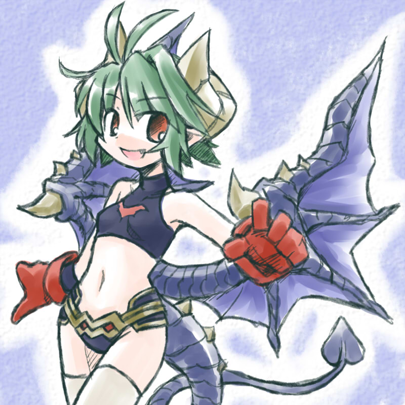 1girl, female_focus, gloves, green_hair, horns, kugelschreiber, open_mouth, pointy_ears