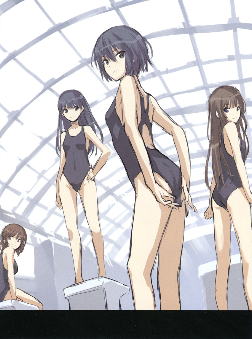 4girls, adjusting_clothes, adjusting_swimsuit, amagami, ass, ayatsuji_tsukasa, bare_shoulders, black_eyes, black_hair, brown_eyes, brown_hair, competition_swimsuit, diving_block, hand_on_own_hip, highres, kamizaki_risa, long_hair, looking_at_viewer, multiple_girls, nanasaki_ai, one-piece_swimsuit, photoshop_(medium), saitou_masatsugu, sakurai_rihoko, scan, school_swimsuit, short_hair, sitting, sketch, smile, swimsuit