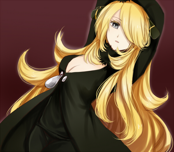 00s, 1girl, bad_id, bad_pixiv_id, blonde_hair, breasts, cleavage, cynthia_(pokemon)