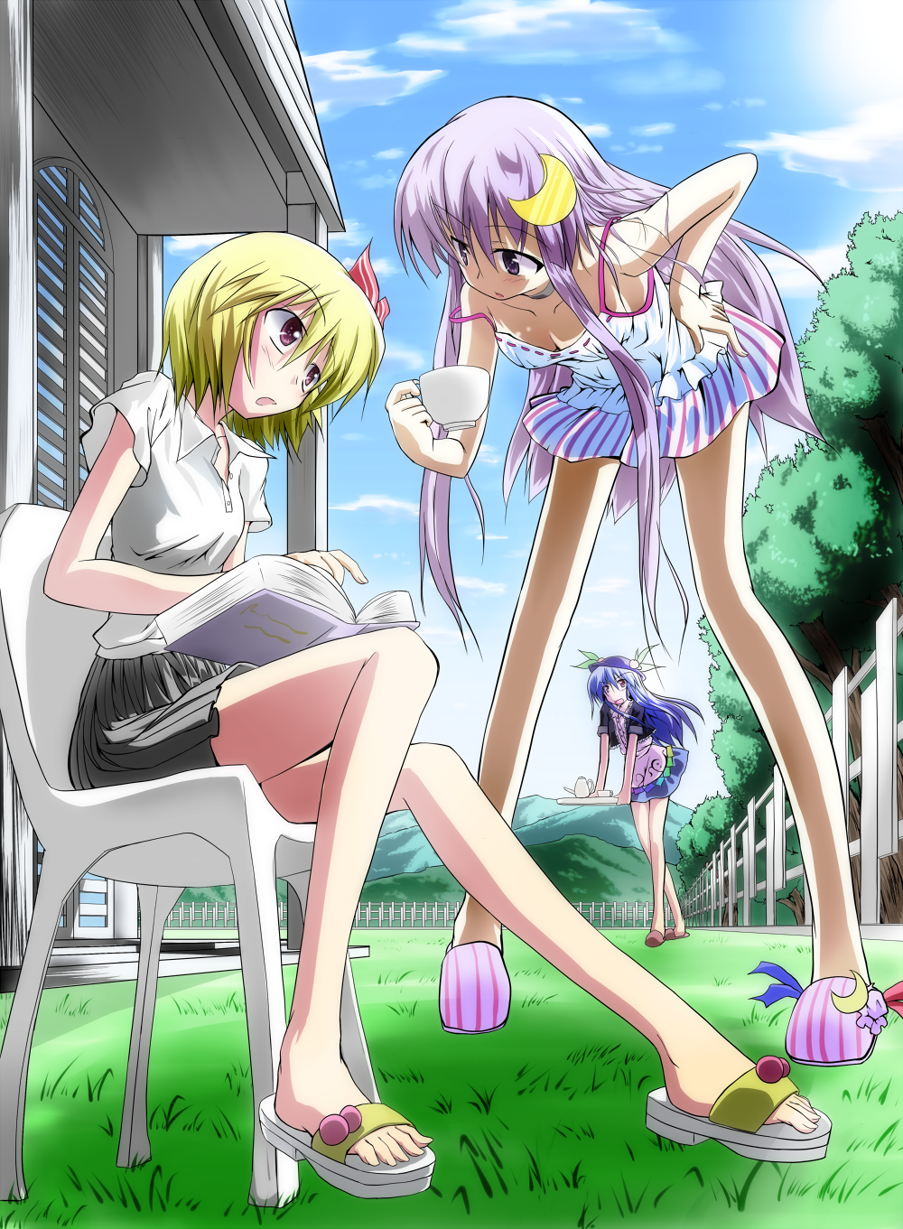 3girls, bad_anatomy, bad_id, bad_pixiv_id, bent_over, blonde_hair, blue_hair, book, breasts, chair, choker, cloud, collarbone, contemporary, crescent, crescent_hair_ornament, cup, day, feet, female_focus, fence, food, fruit, grass, hair_ornament, hair_ribbon, hand_on_own_hip, hat, highres, hinanawi_tenshi, hizuki_arata, leaf, legs, long_hair, long_legs, miniskirt, mountain, multiple_girls, aged_up, open_mouth, patchouli_knowledge, peach, purple_hair, ribbon, rumia, sandals, short_hair, short_sleeves, sitting, skirt, sky, slippers, small_breasts, teacup, toes, touhou, tree, very_long_hair