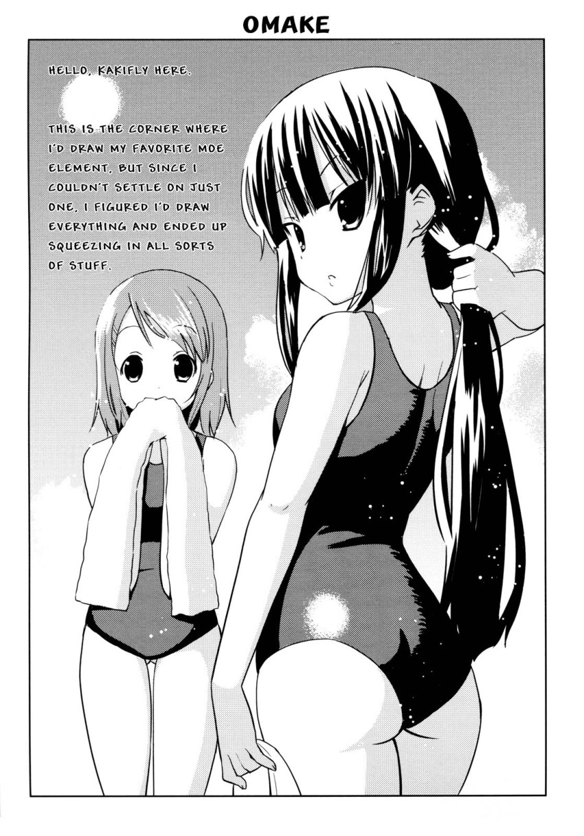 2girls, akiyama_mio, alternate_hairstyle, black_eyes, black_hair, blush, english_text, greyscale