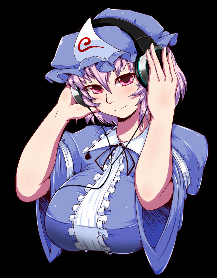 1girl, breasts, female_focus, hat, headphones, highres, huge_breasts, japanese_clothes