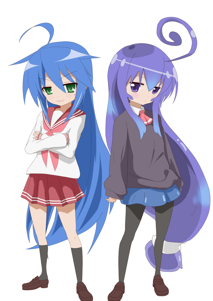 00s, 2girls, :3, acchi_kocchi, ahoge, chippucream, comparison, crossover